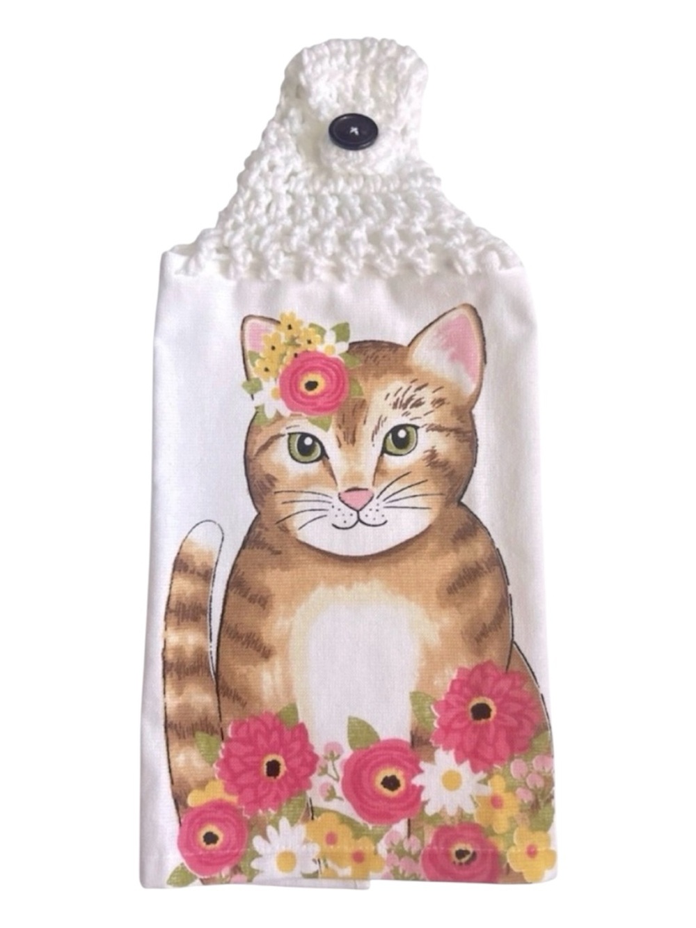 Hand Crafted Hanging Kitchen Hand Towel Cat and Flowers Colorful Crochet Top